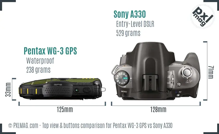 Pentax WG-3 GPS vs Sony A330 top view buttons comparison Pentax WG-3 GPS vs Sony A330 top view buttons comparison