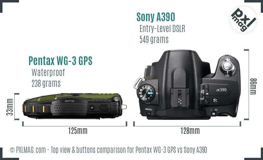 Pentax WG-3 GPS vs Sony A390 top view buttons comparison