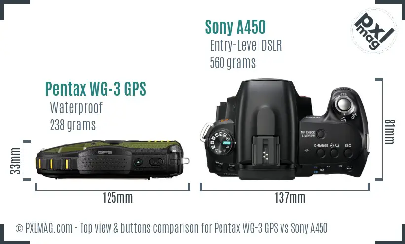 Pentax WG-3 GPS vs Sony A450 top view buttons comparison
