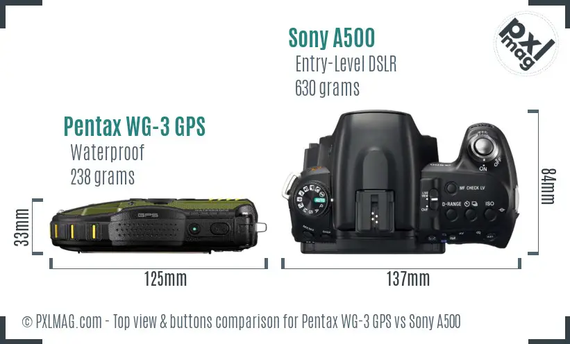 Pentax WG-3 GPS vs Sony A500 top view buttons comparison