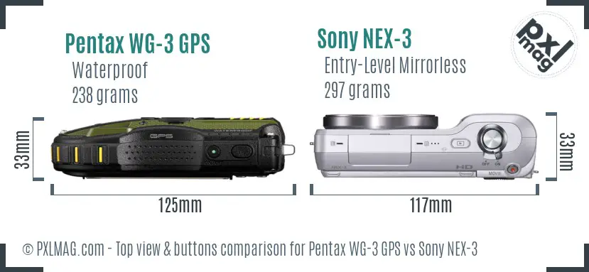 Pentax WG-3 GPS vs Sony NEX-3 top view buttons comparison
