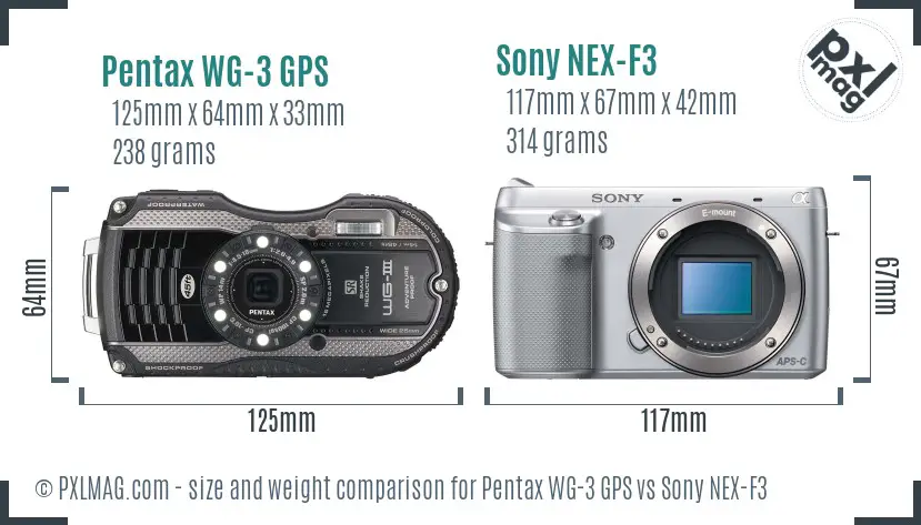Pentax WG-3 GPS vs Sony NEX-F3 size comparison