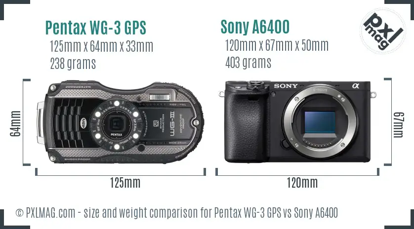 Pentax WG-3 GPS vs Sony A6400 size comparison