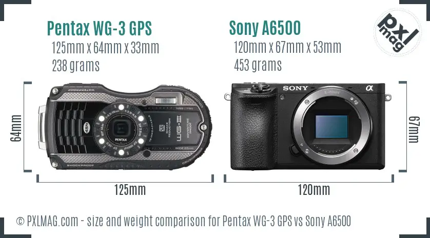 Pentax WG-3 GPS vs Sony A6500 size comparison