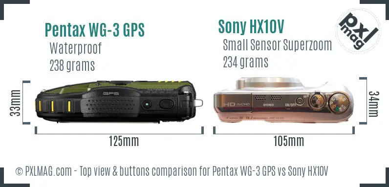 Pentax WG-3 GPS vs Sony HX10V top view buttons comparison Pentax WG-3 GPS vs Sony HX10V top view buttons comparison