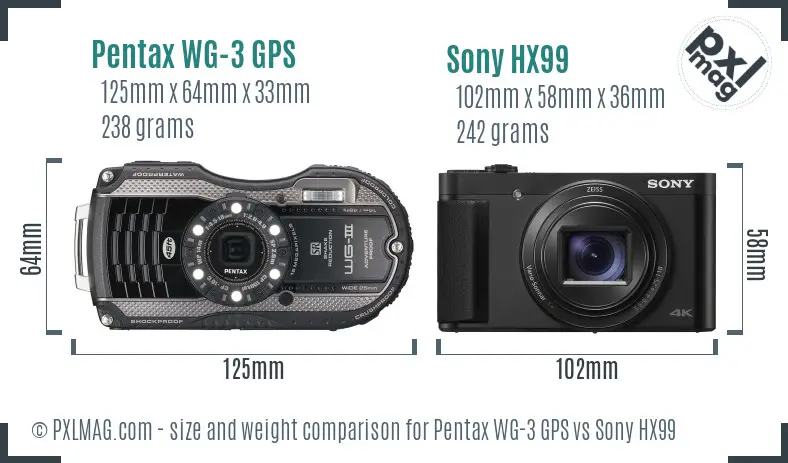 Pentax WG-3 GPS vs Sony HX99 size comparison Pentax WG-3 GPS vs Sony HX99 size comparison