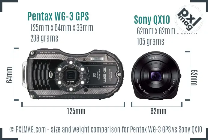 Pentax WG-3 GPS vs Sony QX10 size comparison
