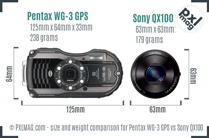 Pentax WG-3 GPS vs Sony QX100 size comparison
