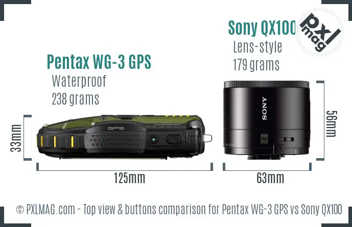 Pentax WG-3 GPS vs Sony QX100 top view buttons comparison