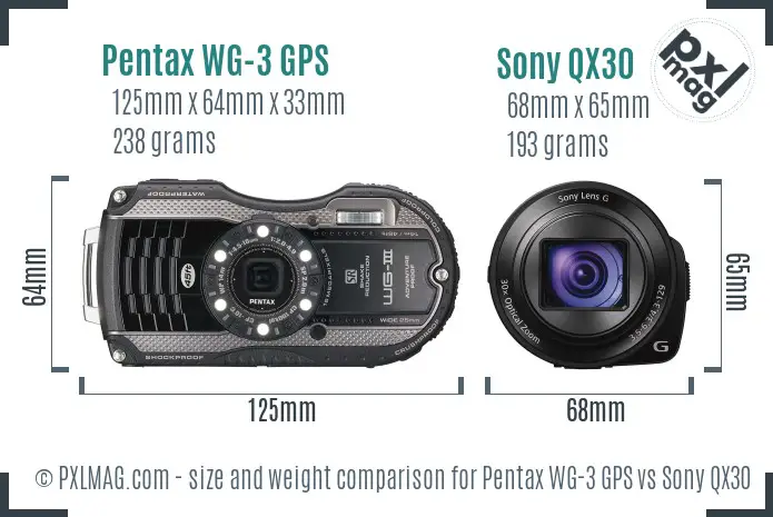 Pentax WG-3 GPS vs Sony QX30 size comparison