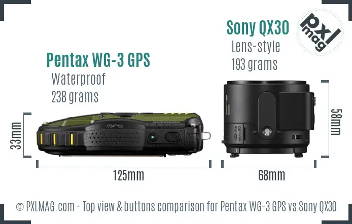Pentax WG-3 GPS vs Sony QX30 top view buttons comparison