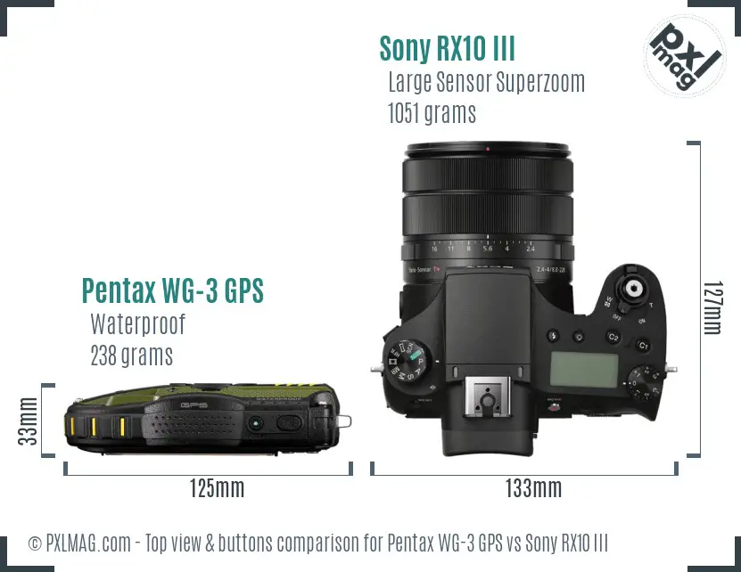 Pentax WG-3 GPS vs Sony RX10 III top view buttons comparison