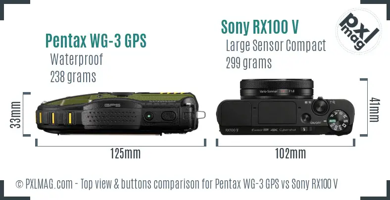 Pentax WG-3 GPS vs Sony RX100 V top view buttons comparison Pentax WG-3 GPS vs Sony RX100 V top view buttons comparison