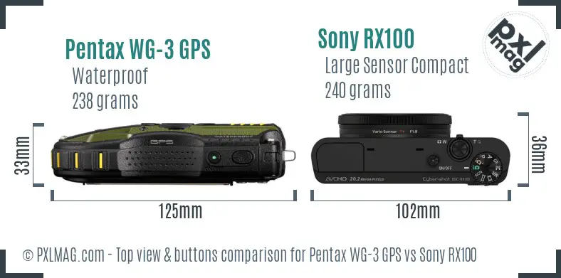 Pentax WG-3 GPS vs Sony RX100 top view buttons comparison Pentax WG-3 GPS vs Sony RX100 top view buttons comparison