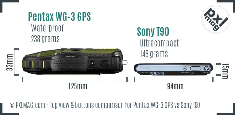 Pentax WG-3 GPS vs Sony T90 top view buttons comparison