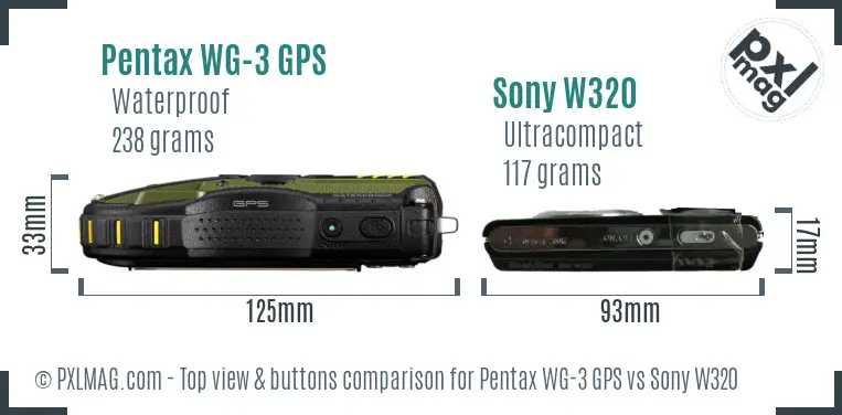 Pentax WG-3 GPS vs Sony W320 top view buttons comparison
