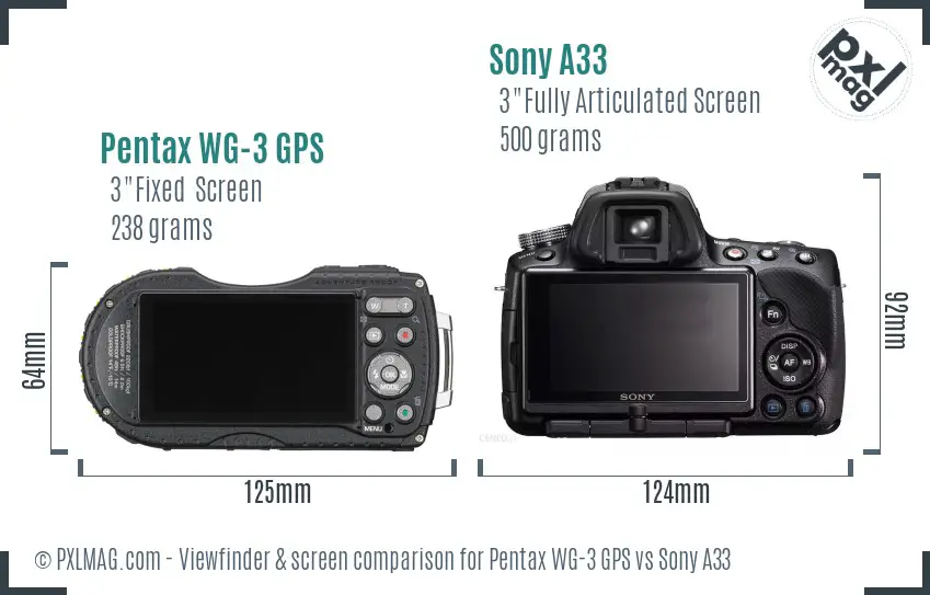 Pentax WG-3 GPS vs Sony A33 Screen and Viewfinder comparison