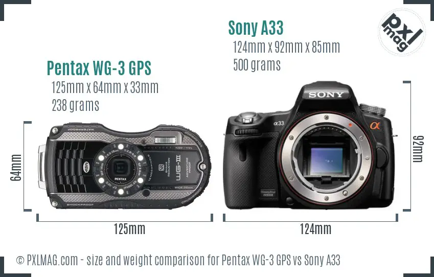 Pentax WG-3 GPS vs Sony A33 size comparison