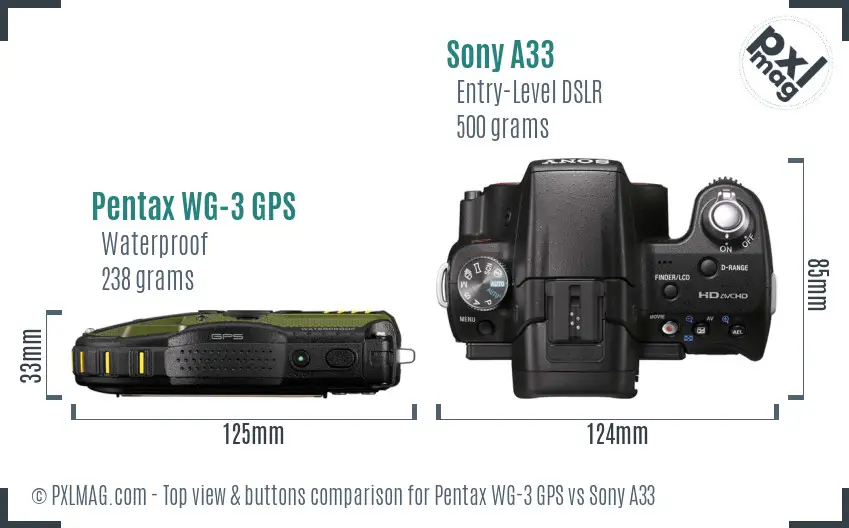 Pentax WG-3 GPS vs Sony A33 top view buttons comparison