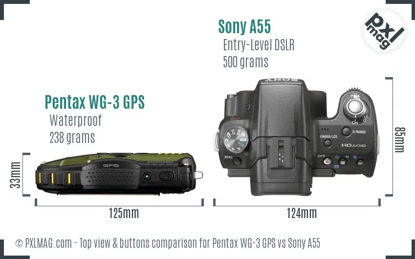Pentax WG-3 GPS vs Sony A55 top view buttons comparison