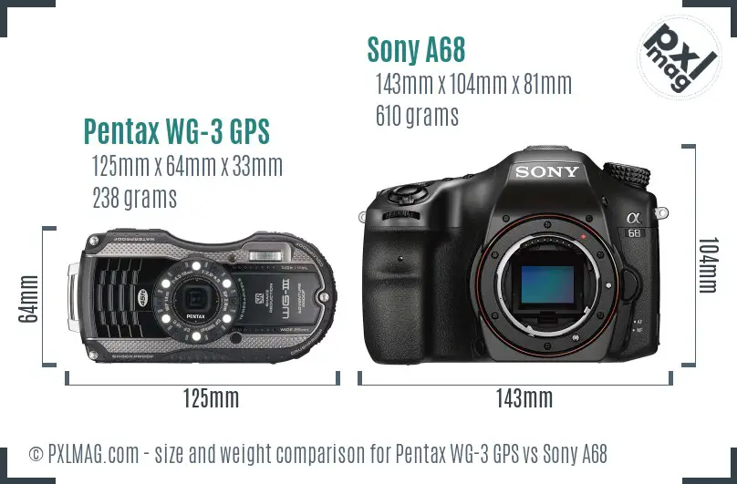 Pentax WG-3 GPS vs Sony A68 size comparison