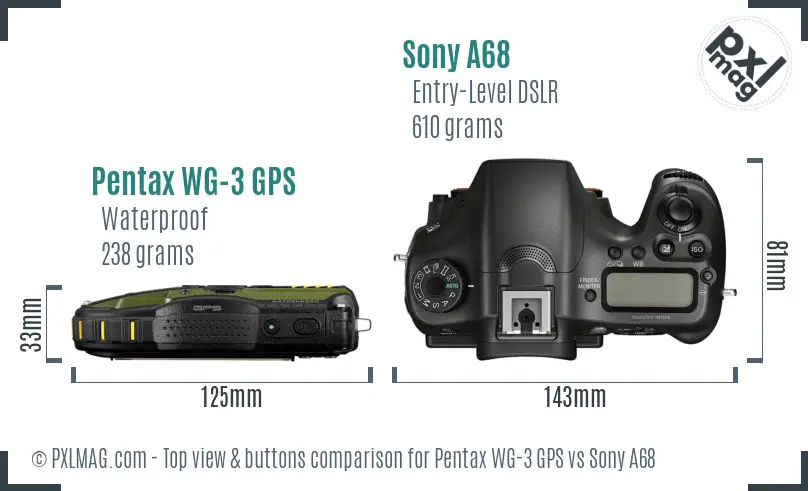 Pentax WG-3 GPS vs Sony A68 top view buttons comparison