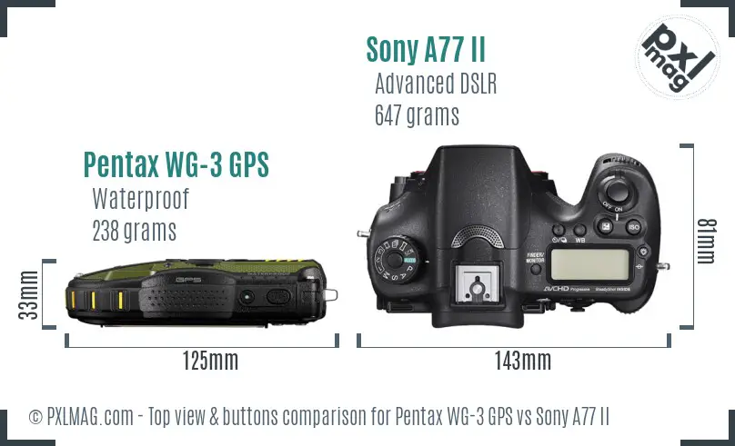 Pentax WG-3 GPS vs Sony A77 II top view buttons comparison