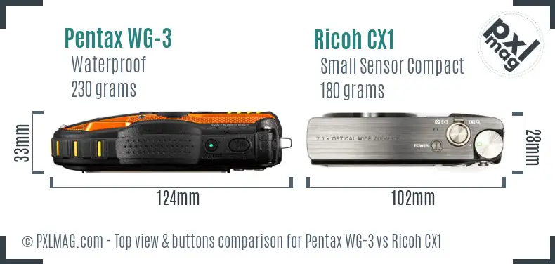 Pentax WG-3 vs Ricoh CX1 top view buttons comparison