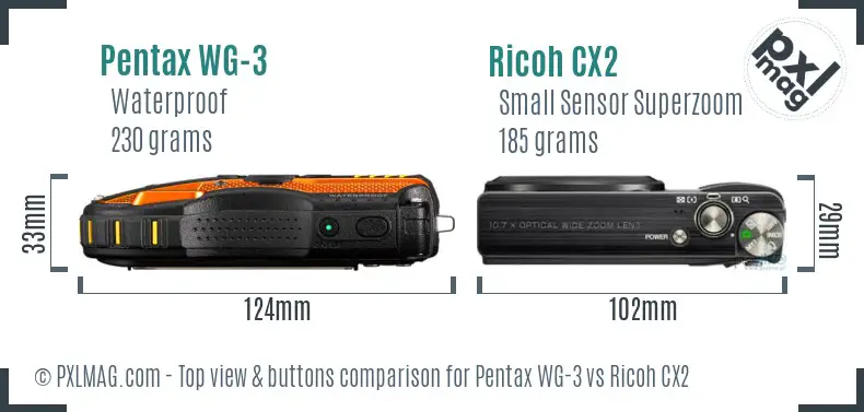 Pentax WG-3 vs Ricoh CX2 top view buttons comparison