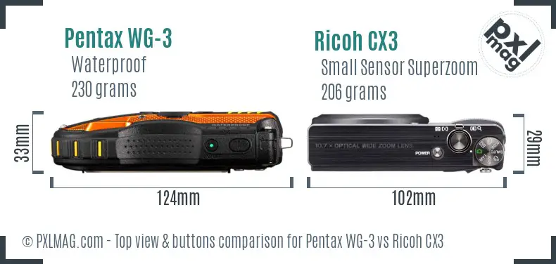 Pentax WG-3 vs Ricoh CX3 top view buttons comparison