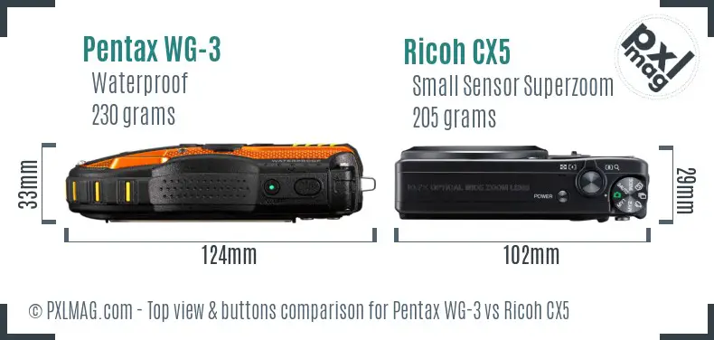Pentax WG-3 vs Ricoh CX5 top view buttons comparison