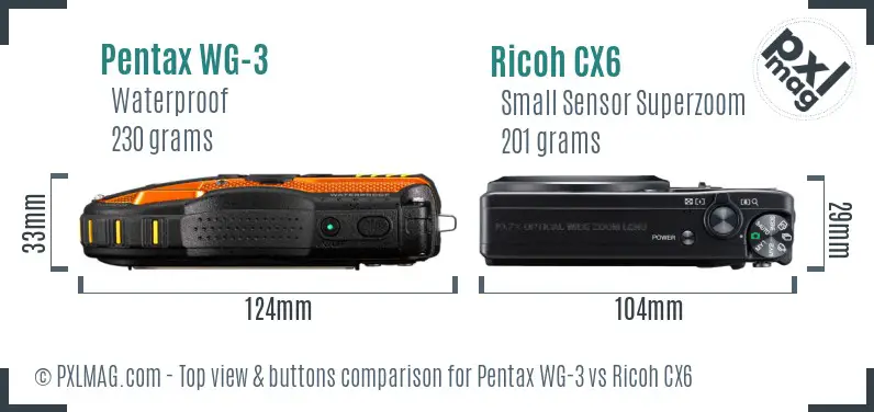 Pentax WG-3 vs Ricoh CX6 top view buttons comparison
