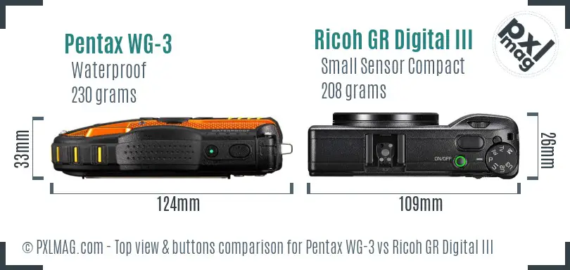 Pentax WG-3 vs Ricoh GR Digital III top view buttons comparison