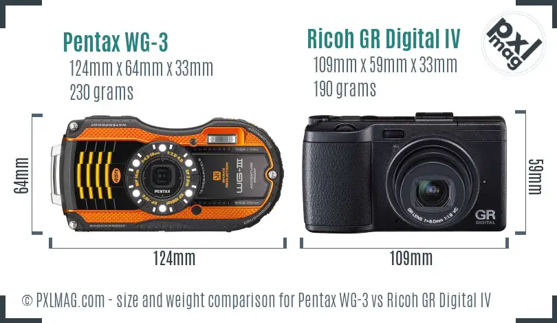 Pentax WG-3 vs Ricoh GR Digital IV size comparison