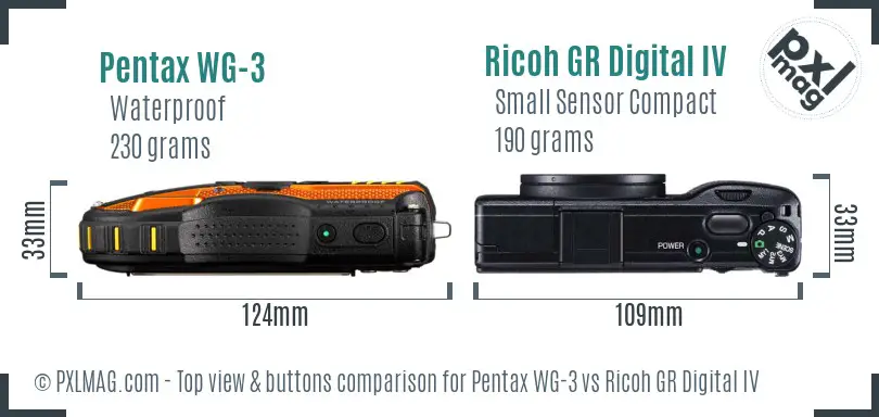 Pentax WG-3 vs Ricoh GR Digital IV top view buttons comparison