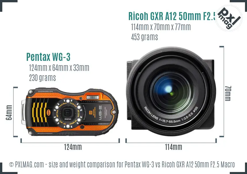 Pentax WG-3 vs Ricoh GXR A12 50mm F2.5 Macro size comparison
