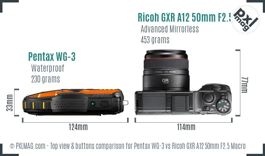 Pentax WG-3 vs Ricoh GXR A12 50mm F2.5 Macro top view buttons comparison