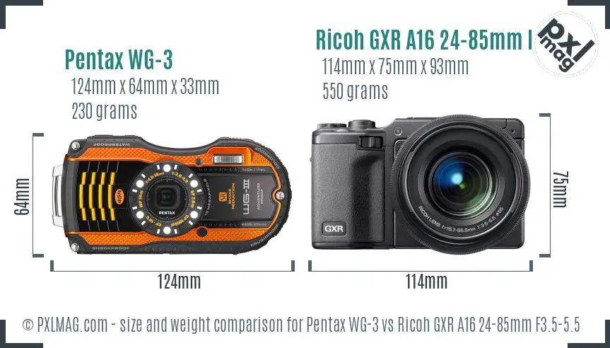 Pentax WG-3 vs Ricoh GXR A16 24-85mm F3.5-5.5 size comparison