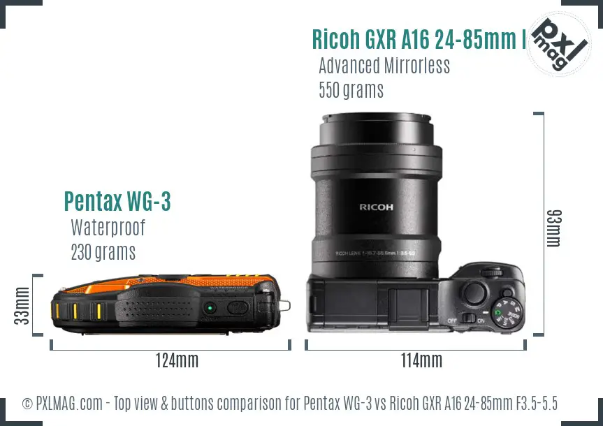Pentax WG-3 vs Ricoh GXR A16 24-85mm F3.5-5.5 top view buttons comparison