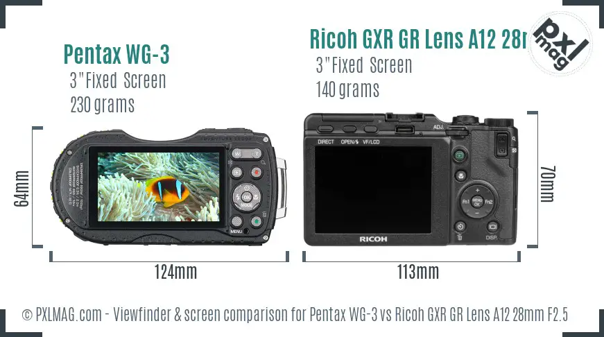 Pentax WG-3 vs Ricoh GXR GR Lens A12 28mm F2.5 Screen and Viewfinder comparison