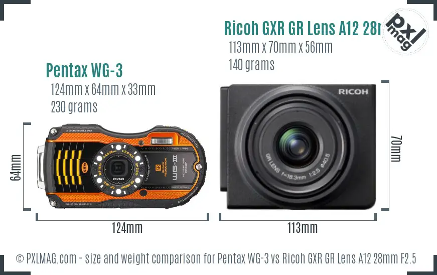 Pentax WG-3 vs Ricoh GXR GR Lens A12 28mm F2.5 size comparison