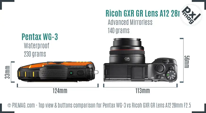 Pentax WG-3 vs Ricoh GXR GR Lens A12 28mm F2.5 top view buttons comparison