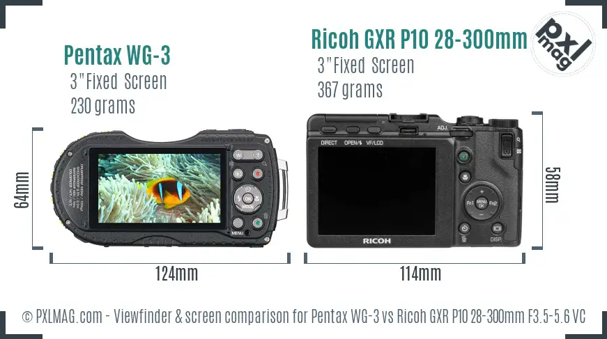 Pentax WG-3 vs Ricoh GXR P10 28-300mm F3.5-5.6 VC Screen and Viewfinder comparison