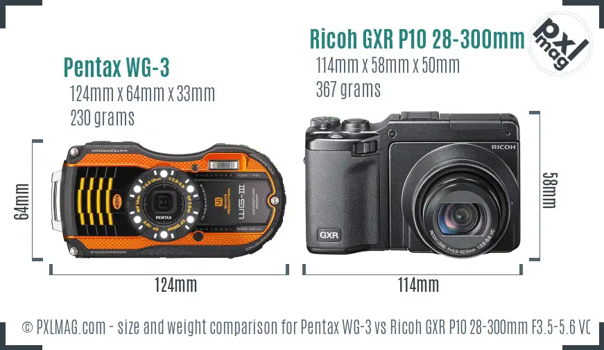 Pentax WG-3 vs Ricoh GXR P10 28-300mm F3.5-5.6 VC size comparison