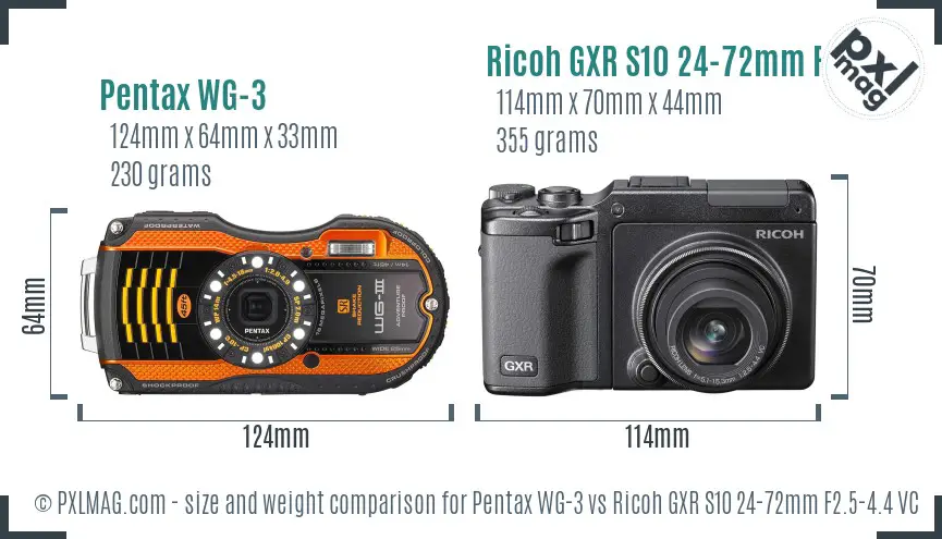 Pentax WG-3 vs Ricoh GXR S10 24-72mm F2.5-4.4 VC size comparison