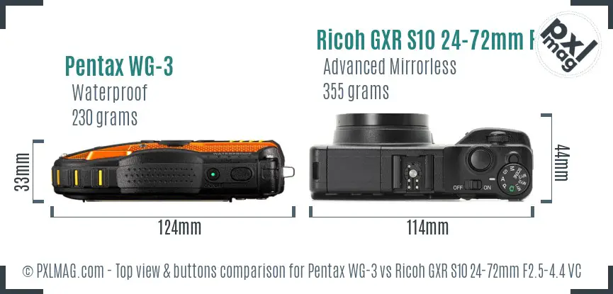 Pentax WG-3 vs Ricoh GXR S10 24-72mm F2.5-4.4 VC top view buttons comparison