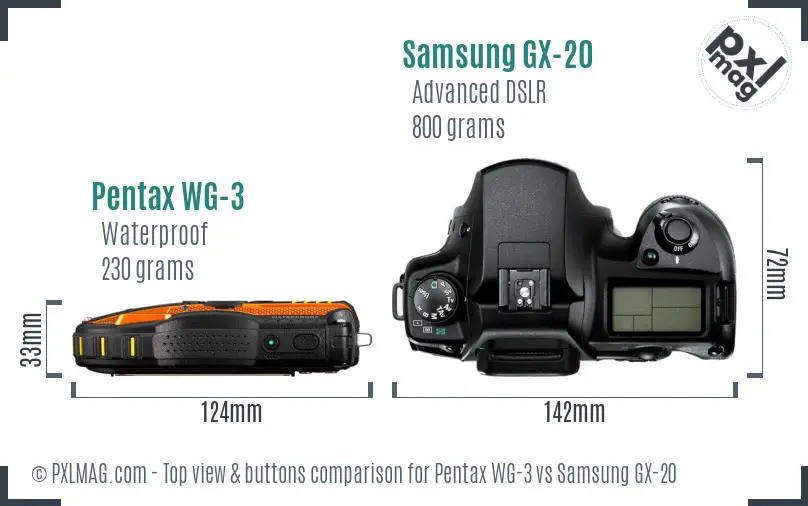 Pentax WG-3 vs Samsung GX-20 top view buttons comparison