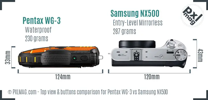 Pentax WG-3 vs Samsung NX500 top view buttons comparison