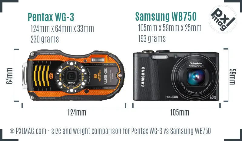 Pentax WG-3 vs Samsung WB750 size comparison
