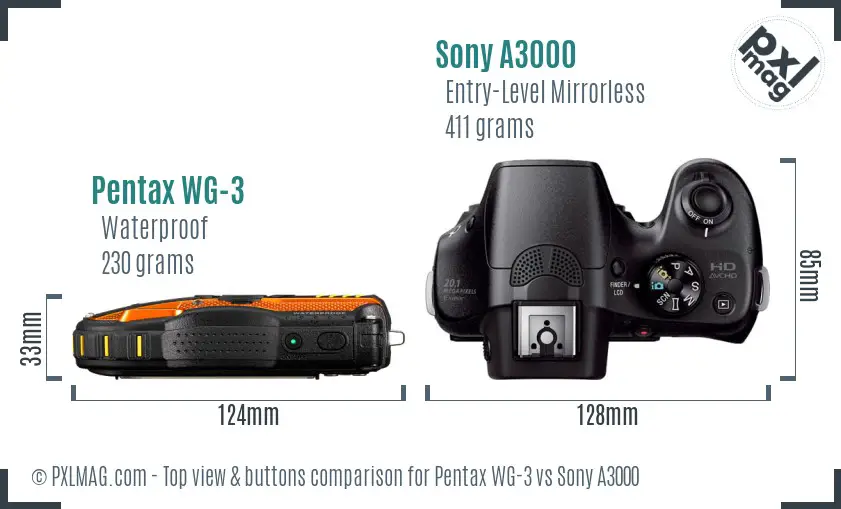 Pentax WG-3 vs Sony A3000 top view buttons comparison